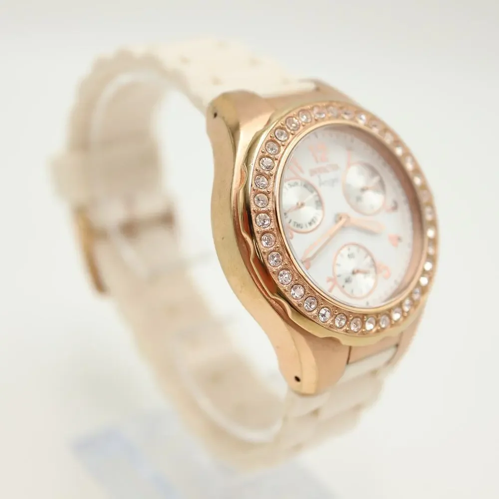 Invicta Angel Rose Gold Tone White 38mm Watch Calendar Silicone w New Battery